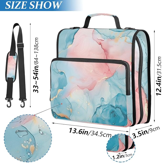ALAZA Blue Teal Pink Marble Zipper Binder 1.5 inch 3 Ring Binder Organizer with Shoulder Strap and Handle for Home Office Work