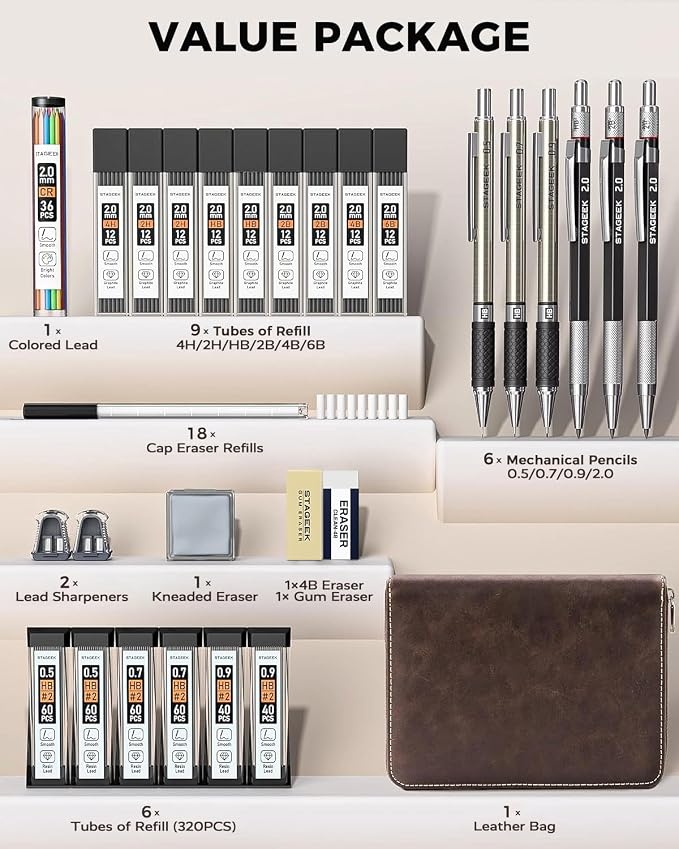 STAGEEK Mechanical Pencil Set with Leather Bag 30 Count, Drawing Pencils 0.5, 0.7, 0.9MM & 3PCS 2MM Sketching Pencils with 464PCS Lead Refills (6B 4B 2B HB 2H 4H Color) for Artist Drafting Drawing