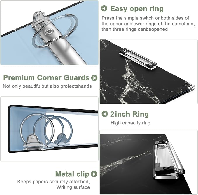 Rouidr 3 Ring Binder, 2 Inch Round Ring Binder Organizer with Clipboard, 5 Dividers Tabs, A4 8.5 x 11 Inch Paper & Clear Sleeves for School, Office Supplies, Black Textured Marble