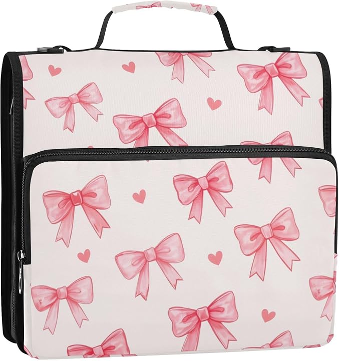 3 Ring Zipper Binder with Shoulder Strap Pink Bows Red 2 Inch Zippered Binder Bag 500 Sheet Capacity Multi Pockets for School Supplies