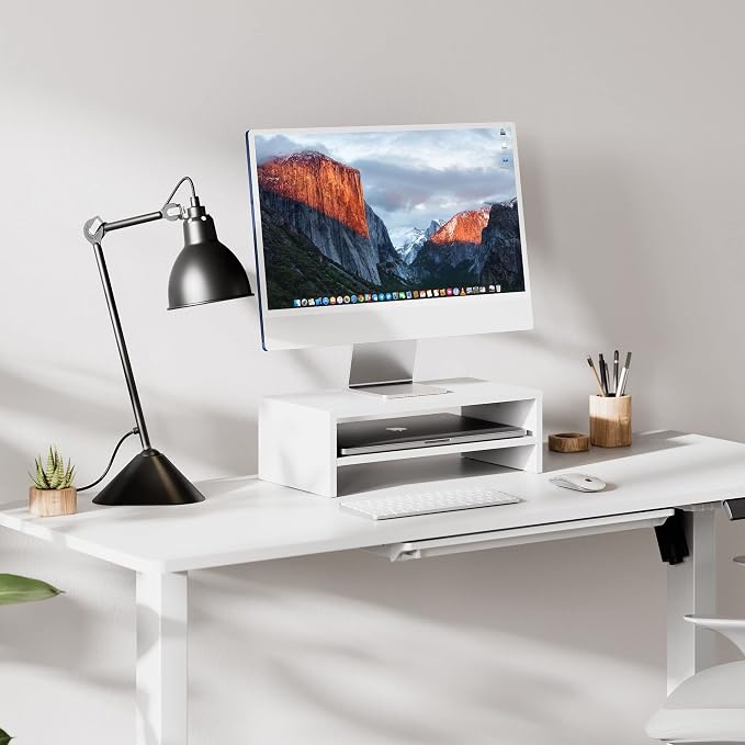 FITUEYES Wooden Monitor Stand Riser, 2-Tier Desk Storage Shelf, White | 16.7-Inch Desktop Organizer Fits Laptop, Computer Screen and Office Supplies