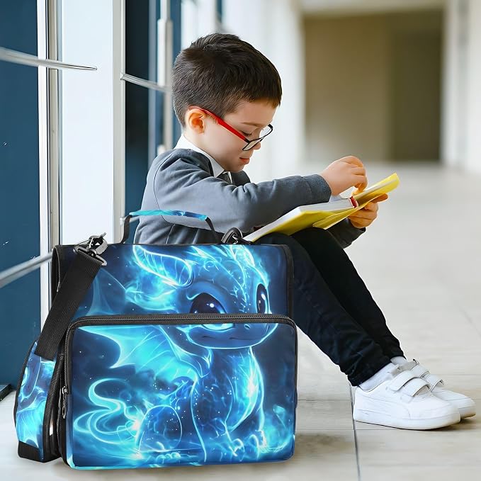 3 D-Ring Zipper Binder Bag, Cartoon Blue Glowing Dragon Removable Binder with Zipper Case Hold 300+ Sheets& 13 Inch Laptop for School Office Supplies Organizer