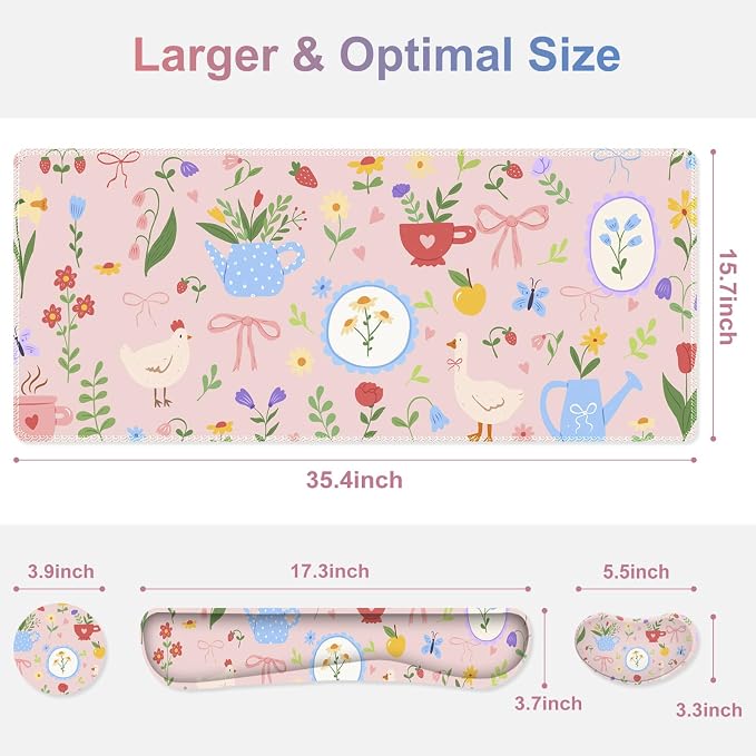 Large Gaming Mouse Pad Set, Adorable Style 4 in1 Ergonomics Keyboard Desk Mat with Memory Foam Wrist Rest, Extended Game Mousepad, Non-Slip Desk Pad Matt Easy Typing Pain Relief I Pink Girly