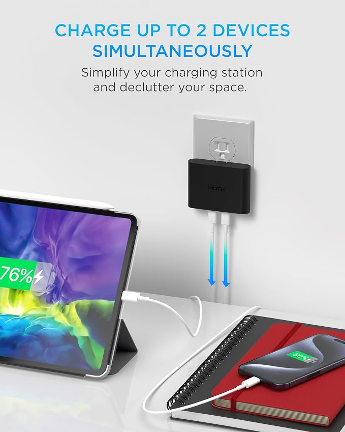 iHome Multiport 40W USB-C Charger, AC Pro 2-Port Flat Block, Dual Fast Charging Wall Adapter | Foldable Prongs, Fast Charging, 2.5x Faster, Charges iPhone, Android, iPad, AirPods, 2 USB-C Ports, Multiport Plug for Home