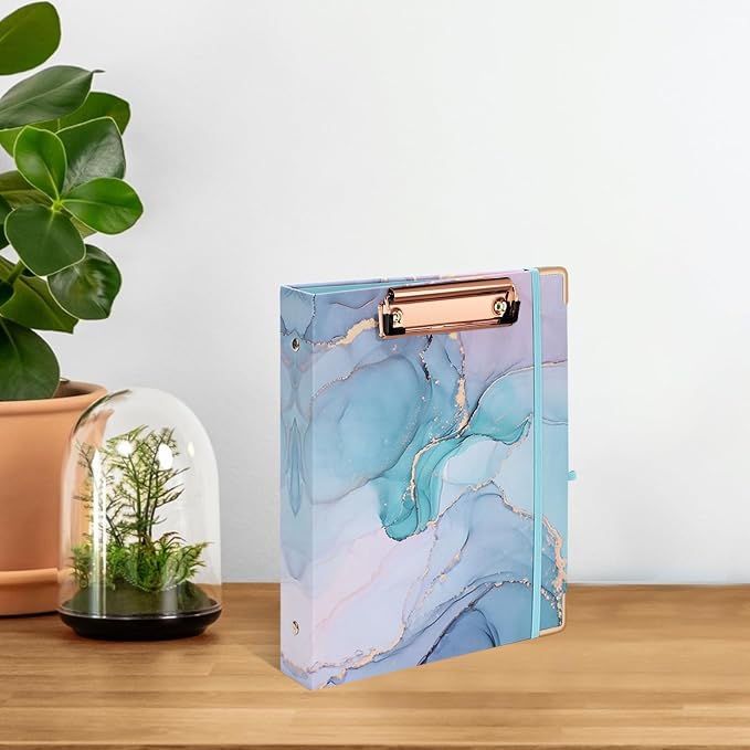 EYROZILL Mini Binder with Clipboard,3 Ring 1 Inch, for 5.5" x 8.5" Paper.A5 Binders with 5-Tab Dividers for School Office Supplies and Home, Green Marble