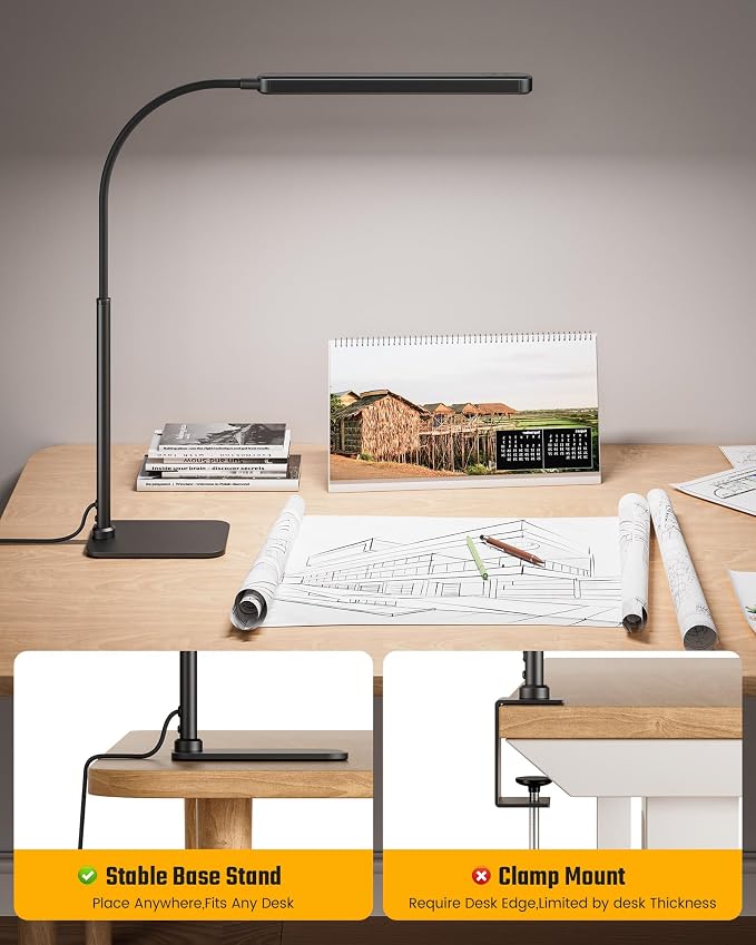 SUPERDANNY Eye-Caring LED Desk Lamp Work Lamp Office Lamp with Base | Black, Touch Control, 360° Flexible Gooseneck, 3 Modes Smooth Dimming, Memory Function, Adapter, Metal, for Home Office Dorm