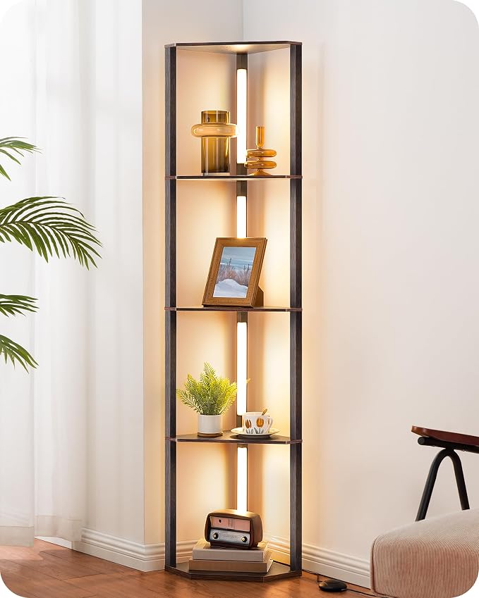 EDISHINE 64" Corner Shelf Floor Lamp for Living Room, Modern LED Corner Light with Shelves, 3CCT, Stepless Dimmable Tall Floor Light for Bedroom, Office, Dining Room, 3000K 4000K 5000K, Black Walnut | Stepless Dimming, 4-Layer Shelf, Foot Switch, 3000K...