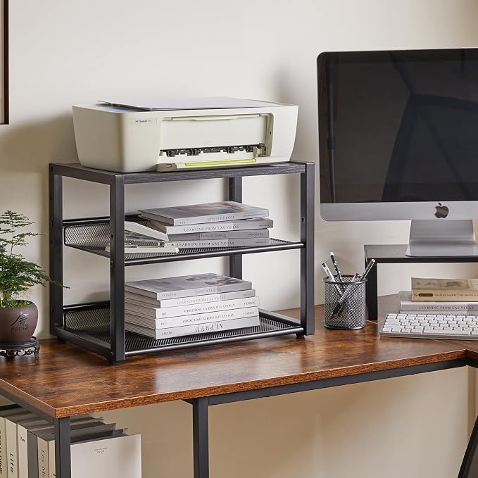 YMYNY 3 Tiers Desktop Printer Stand,17.32 x 13.78 x 11.02 in Black,UHPT001B | Desk Organizer with Adjustable Storage Shelves,Multi-Purpose Printer Shelf for Home Office,Fax Machine,Scanner, Files