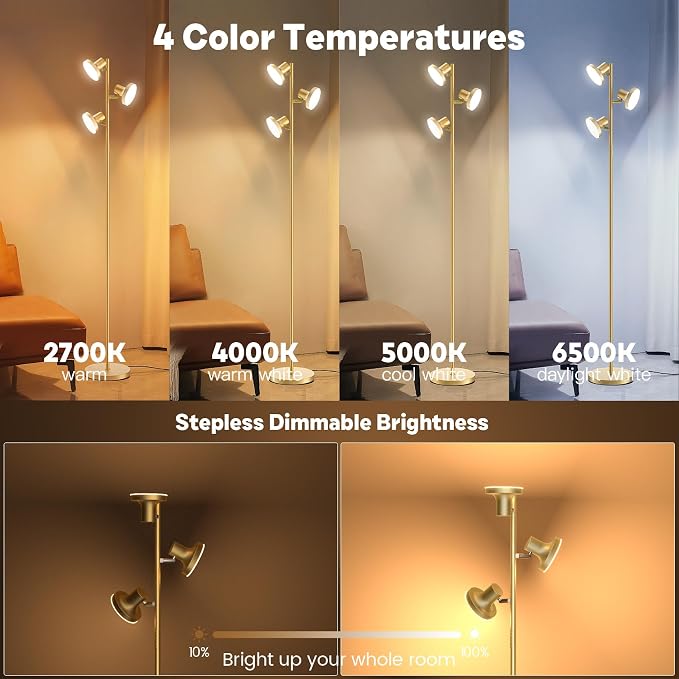 36W LED Tree Floor Lamp, Modern Dimmable Standing Lamp with Remote & Touch Control, 4 Color Temperatures, 3 Rotatable LED Light Floor Lamps for Living Room, Bedroom, Office