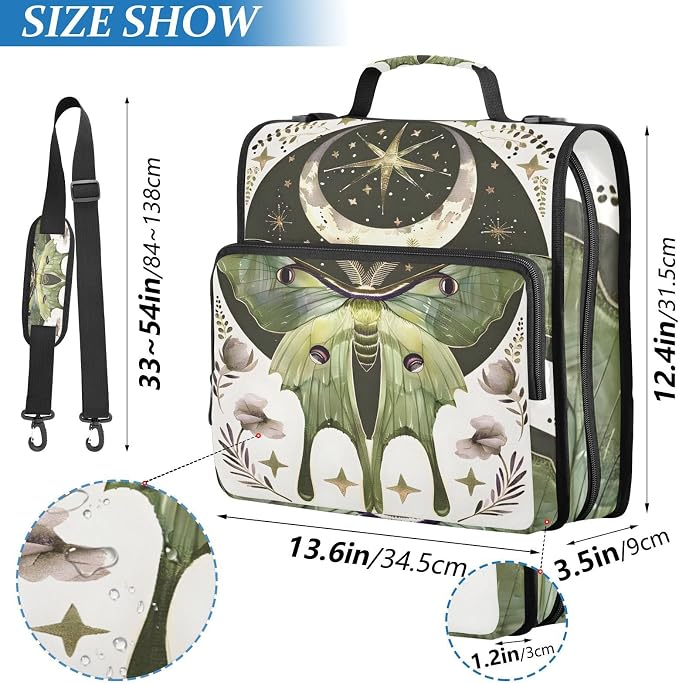 Moth Moon Art Butterfly 3 Ring Binder Bag 1.5 inch Binder Organizer with Zipper Shoulder Strap 500 Sheet Documents Storage for School Office
