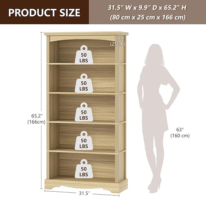 TVU 5-Tier Wooden Bookshelf, 65 Inch Tall Bookshelf with Storage, Floor Standing Modern Style Display Bookcase for Living Room, Office, Study Room, Entryway, Natural Wood Color