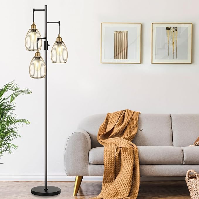 Dimmable Floor Lamp, Industrial Floor Lamps for Living Room, Gold and Black Tree Lamp Standing Lamp Tall Lamps with 3 Elegant Teardrop Cage Head & 800 Lumens LED Bulbs for Living room Bedroom Office