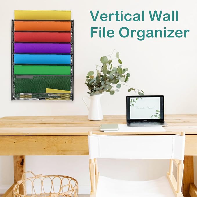 MINDEPOT 7-Tier Wall Hanging File Organizer Cubicle Hanging Organizer Mount File Holder, Mesh Magazine Document Mail Organizer Wall Organizer for Office School Home, Black