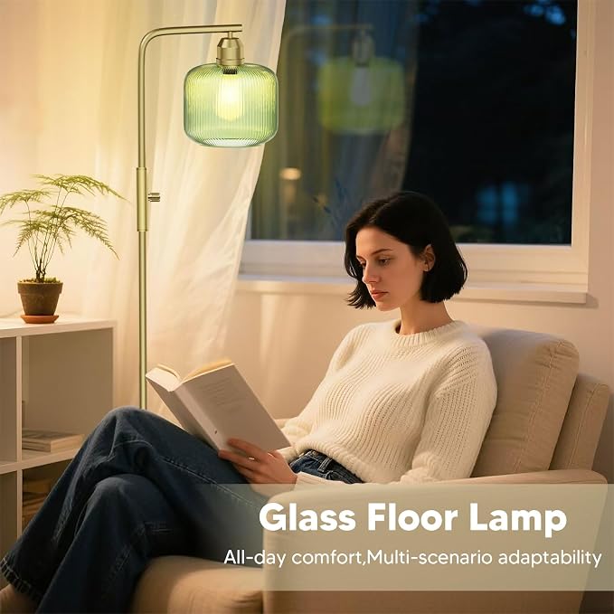 66" Dimmable Gold Standing Lamp with Green Ribbed Glass for Living Room | Vintage Floor Lamp with Brushed Gold, Stepless Rotary Switch and 3000K LED Bulb, Arc Floor Lamp for Bedroom & Study Room