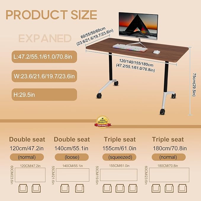Folding Conference Table 4ft 5ft, Foldable Office Meeting Desk for 6 People, Multiple Sizes Colors Mobile Conference Room Table for Training Room School Business Furniture (2, Walnut, 55in)