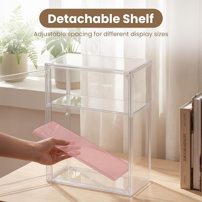 3-Tier Acrylic Display Case for Figures, Wall-Mounted Clear Action Figure Storage Organizer with Magnetic Door & 2 Adjustable Shelves, Dustproof Showcase for Collectibles, 2 Pack