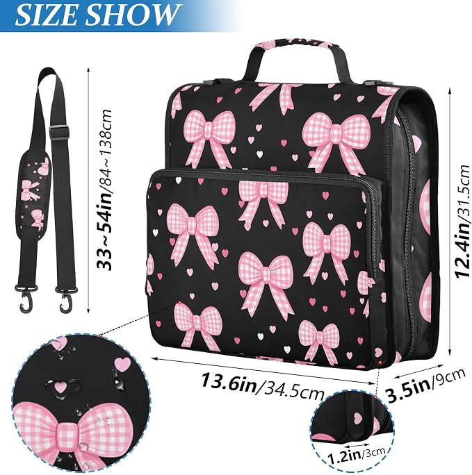 3 Ring Zipper Binder with Shoulder Strap Pink Bow Heart 2 Inch Zippered Binder Bag 500 Sheet Capacity Multi Pockets for School Supplies