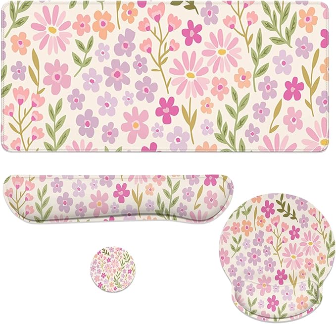 Flowers Mouse Pad Set Pastel Pink Purple Spring Gaming Mousepad 4in1 Desk Mat for Desktop Anti-Slip XXL Big Computer Ergonomic Mousepad with Wrist Support for Keyboard and Mouse