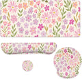 Flowers Mouse Pad Set Pastel Pink Purple Spring Gaming Mousepad 4in1 Desk Mat for Desktop Anti-Slip XXL Big Computer Ergonomic Mousepad with Wrist Support for Keyboard and Mouse