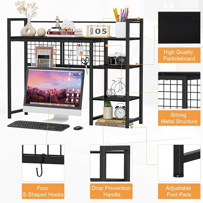 Snughome Desk Shelf, 38.6" Desktop Organizer Shelf, Desk Hutch for Computer Monitor, 4 Tier Desk Display Rack with Pegboard Hooks Set, Wood Desktop Bookshelf for Home Office Dorm, Black