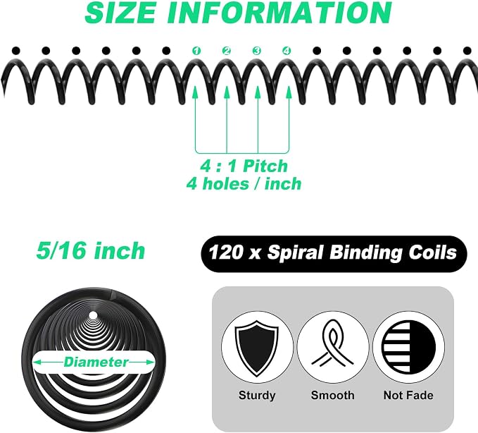 Leinuosen 120 Pack Binder Coils,5/16 Inch,Black | Plastic Spiral Binding Coils for Documents, Reports, Notebooks, Compatible with Standard Binding Machines, Office Supplies