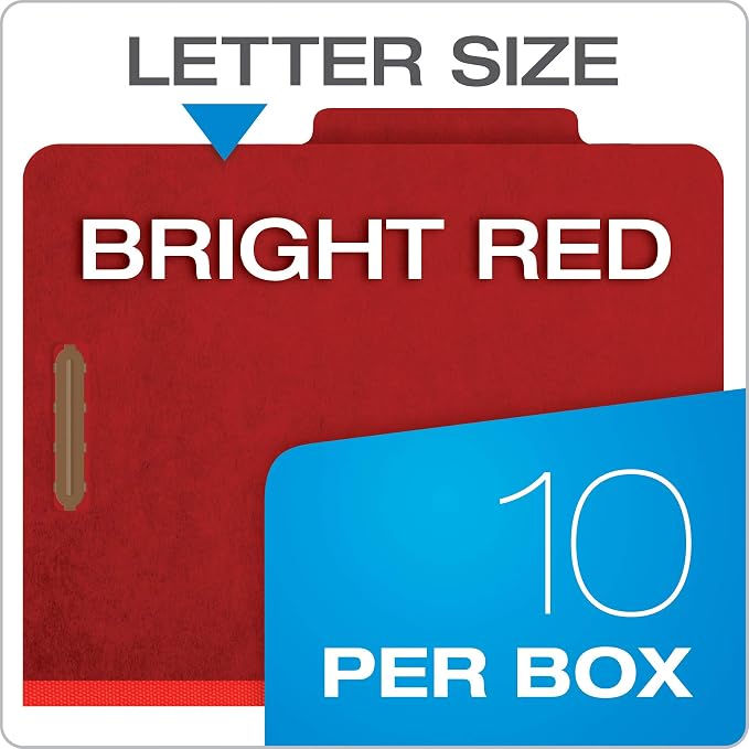 Pendaflex Pressboard Classification File Folders, 3 Dividers, 2" Embedded Fasteners, 2/5 Tab Cut, Letter Size, Bright Red, Box of 10