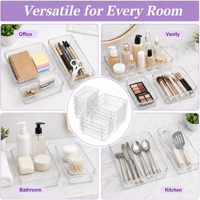 Clear Expandable Drawer Organizer Set, 16PCS Adjustable Drawer Organizers for Makeup, Cosmetics, Jewelry, Skincare, Bathroom, Kitchen & Dresser Storage, Transparent PET Drawer Storage Bins, 2 Sizes