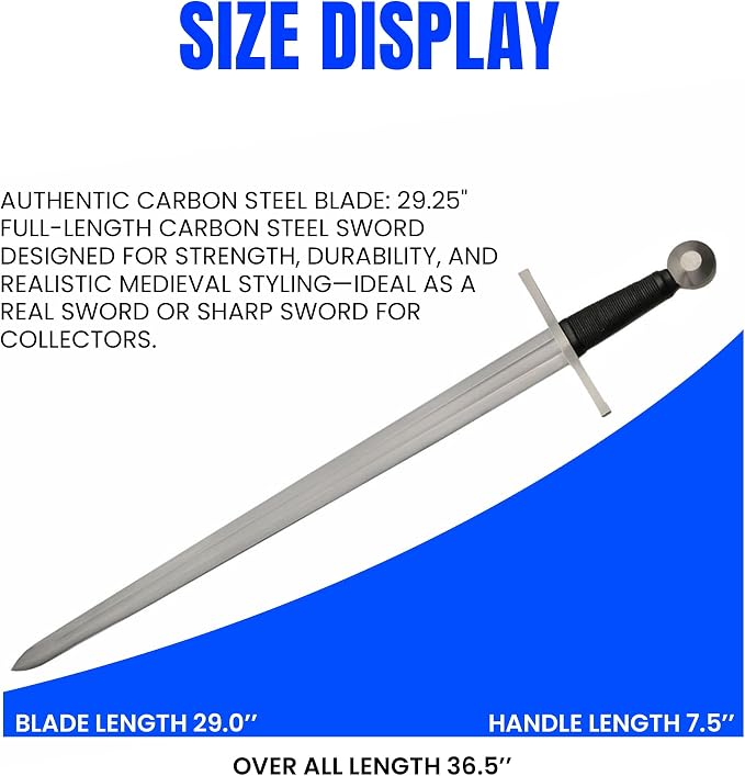 SZCO 36.5" Battle Tested Broad Medieval Sword – Collectible Viking Crusader Knight Sword with 29" Carbon Steel Blade, Leather Wrapped Scabbard & Classic Hilt