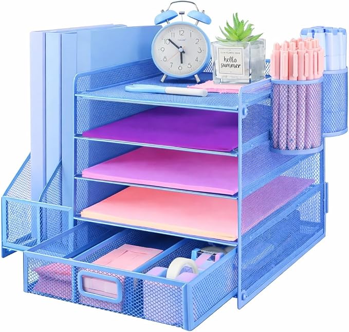 Desk Organiser with 2 Pack Magazine File Holder, 5-Tier Paper Tray Organiser with Drawer and 2 Pen Holder, Letter Tray Multifunctional for Office, School, Home - Blue
