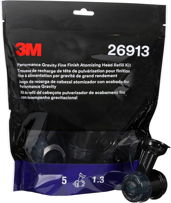 3M Performance Gravity Fine Finish (Compliant) Atomizing Head, 26913 | Green; 1.3; Pack of 5; for Auto Paint Application; High Viscosity; Clear Coat; Primer Spraying
