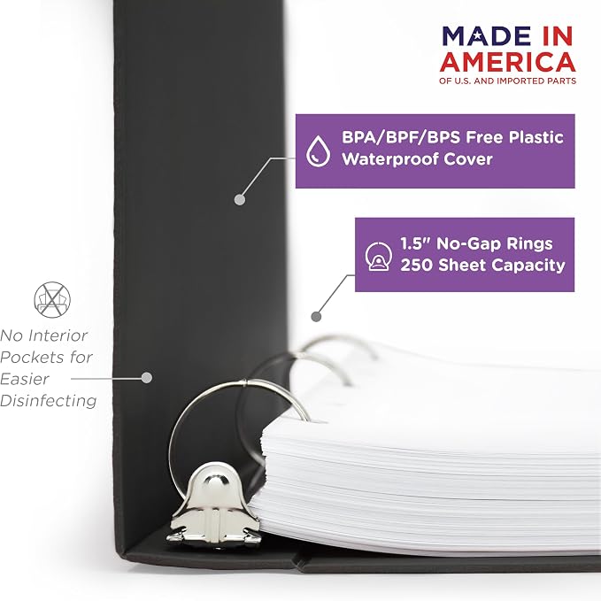 Carstens 1.5-Inch Heavy Duty 3-Ring Binder - Side Opening, Black, Durable Plastic, No-Gap Rings, Waterproof Covers, No Pockets, Holds 250 Letter-Size Sheets, BPA-Free, Made in USA (2070-3R) Case of 20