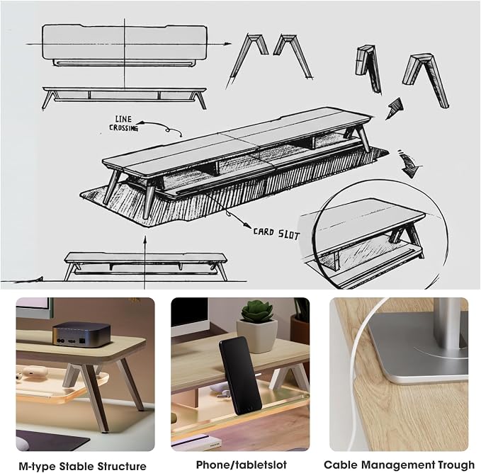 Fenge Dual Monitor Stand Riser with Phone & Tablet Slot, Oak | Thickened Frosted Acrylic Shelf, Aluminum Legs, 2-Tier Storage, 42.5-Inch Desk Shelf for Gaming, Home Office & Streaming