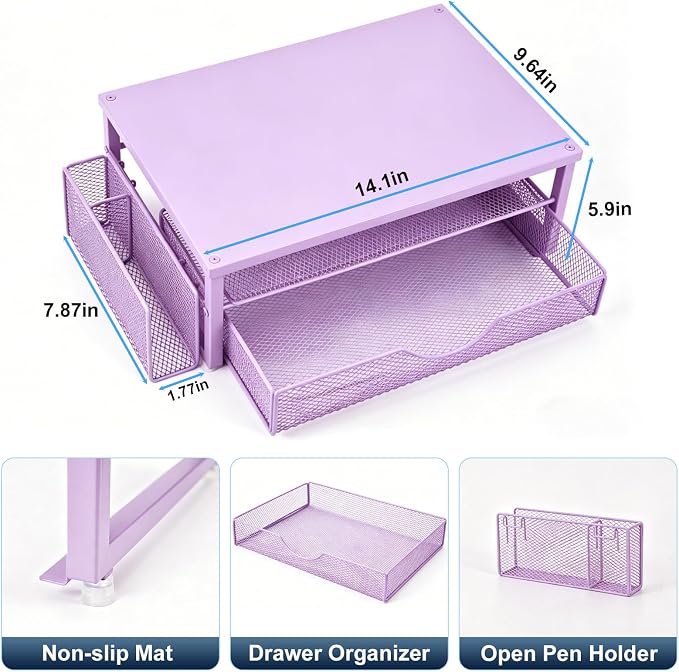 Spacrea Desk Organizer and Accessories, Computer Monitor Stand Riser with Drawer and 1 Open Pen Holder, Printer & Laptop Stand, Office Desk Accessories for Home Office Supplies (Purple)