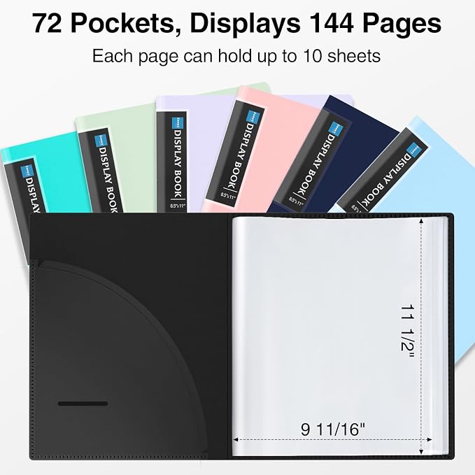 Sooez 4 Pack 72 Pocket Binder with Plastic Sleeves, Display Book, 8.5" x11” | with Elastic Band, 144 Pages Presentation Binder, Art Portfolio Document Folder with Clear Sheet Protectors for Office School