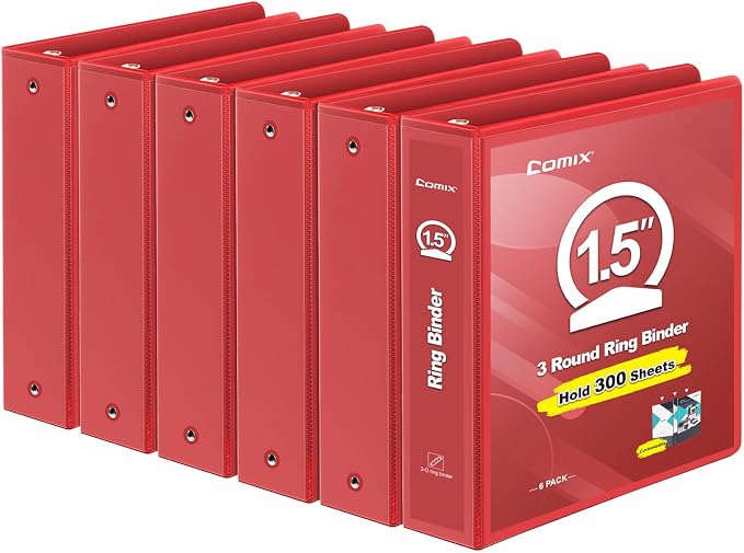 COMIX Sturdy 1.5 Inch 3 Ring Binder with Clear View Cover | 1.5"Heavy Duty Round Ring,PVC-Free Board,Holds 300 Letter Sheets,Wholesale for Offices & Classrooms,6 Pack (Red)