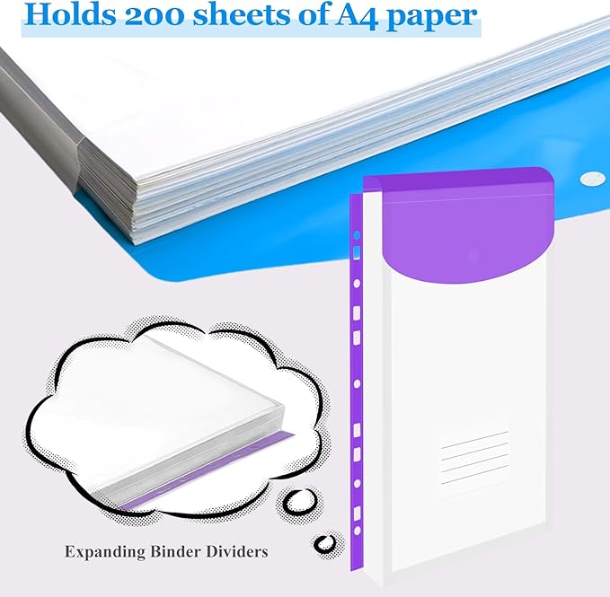24 Pack Binder Folders with Pockets 11 Holes Expandable Dividers for 2/3/4 Ring Document Pouch with Label Loose-Leaf Transparent Binder Organizer for School Home Office