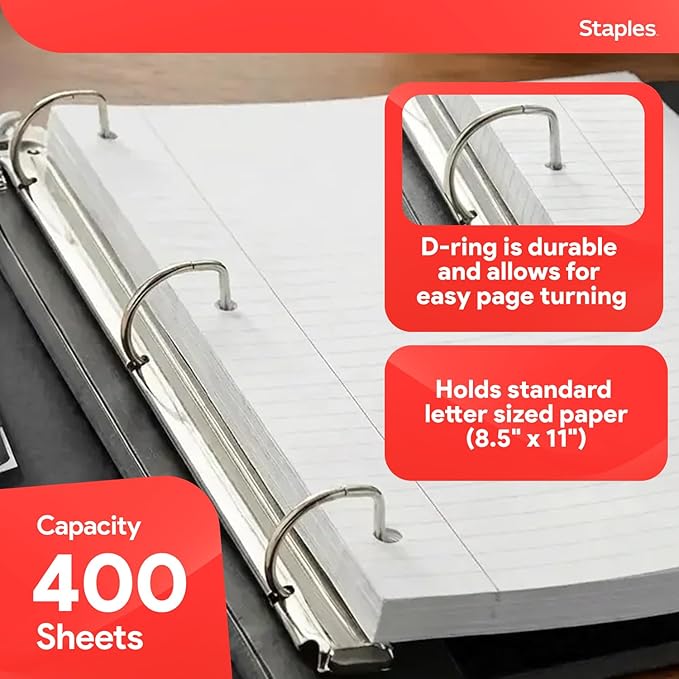 Staples Heavy-Duty 1.5-Inch D-Ring Binder, Black, Holds 400 Sheets | Large-capacity 3-ring binder for school and office document storage.