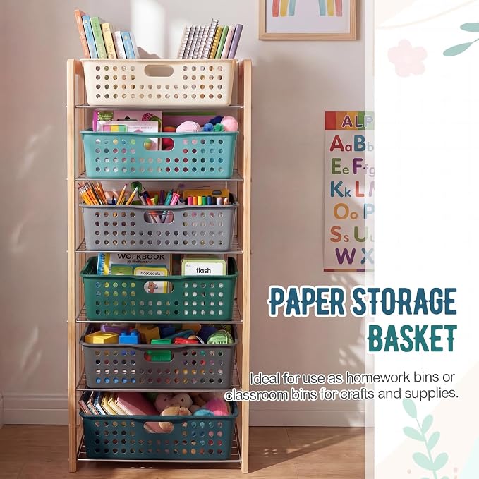 Geetery 12 Pack Classroom Storage Baskets with Handle,Morandi Color | 14''x10'' Paper Tray Holds A4 Turn in Trays Plastic Paper Baskets Desk Organizer Bin for Classroom, Library, Office, Home