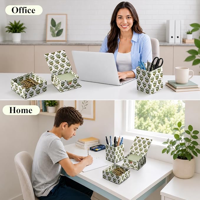 CPC Emerald Green Block Print Set of 3 Desk Organizer Pen And Sticky Note Holder Cute, Aesthetic, Decor accessories, workspace organizers, Caddy Storage, Gift for Office, Professionals, Student