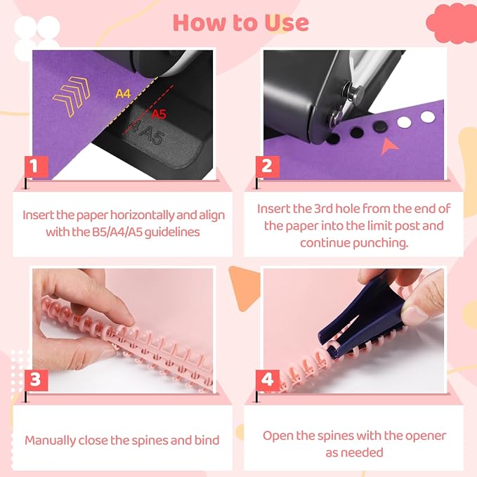 10-Hole Binding Machine Spiral Coil Binder, Spiral Binding Machine with 16 Multi-Color Binder Rings, 30 Holes on A4, 20 Holes on A5, 26 Holes on B5, 10 Sheets Capacity