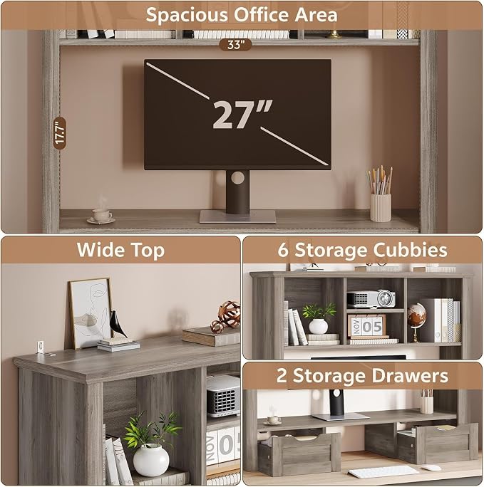 Desk Shelf with Computer Monitor Stand, 37.4''W Desktop Bookshelf | Display Rack, Desktop Organizer Storage Rack with Cubbies & Drawers, 5-Tier Hutch for Home, Office, Dorm, Vanity, Grey