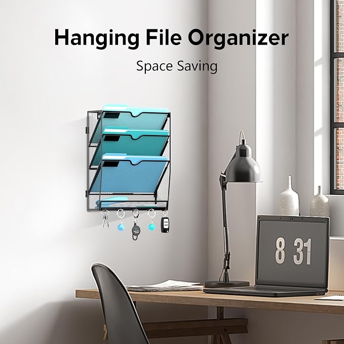 4-Tier Wall File Organizer and Mail Organizer with 5 Hooks, 2 Pack | Label slots, curved openings, 5 key hooks, and a bottom tray support organized mail, file, and everyday item storage.