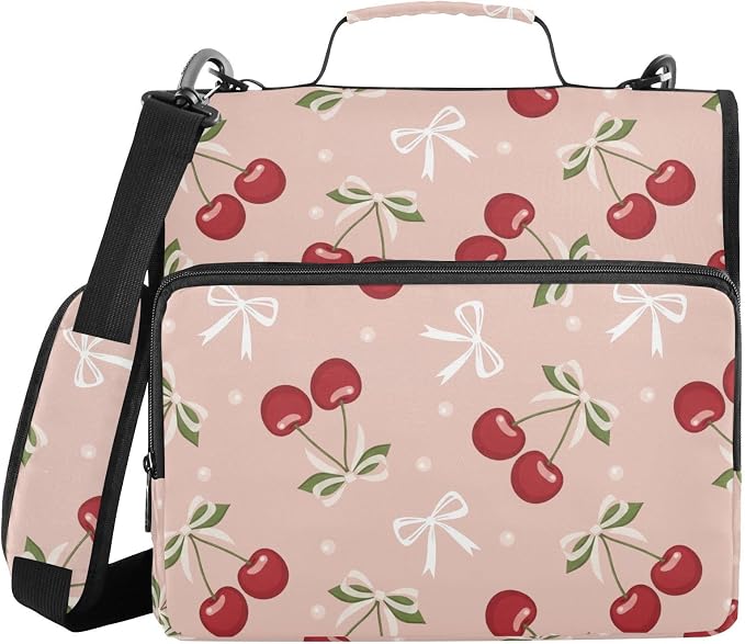 Cherries Bows Pink Pattern 3 Ring Zipper Binder with Shoulder Strap & Handle 1.5 Inch D-Ring Zippered Bag with Pencil Pouch, Expanding File Folder, Binder Organizer for School or Office