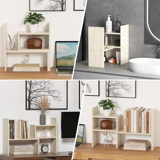 TY ARTS & CULTURE - Expandable Wood Desktop Storage Organizer Multipurpose Desk Bookshelf Display Shelf Rack Counter Top Bookcase for Office Home | Natural Beige | expandable desk bookshelf, multipurpose display shelf rack,countertop shelf, home office...