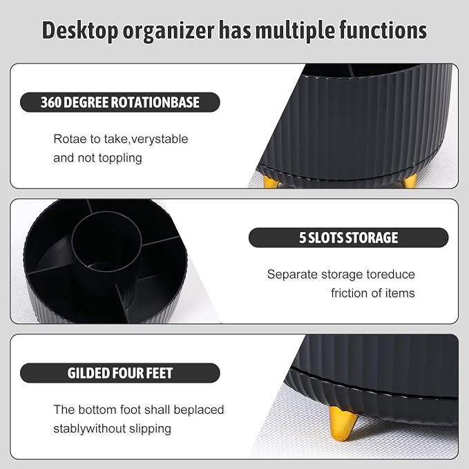 Gawsey Black Desk Organizers and Accessories with Desk Organizer 360° Rotating Pen Holder and Office Supplies, Cute Stationery Supplies Set