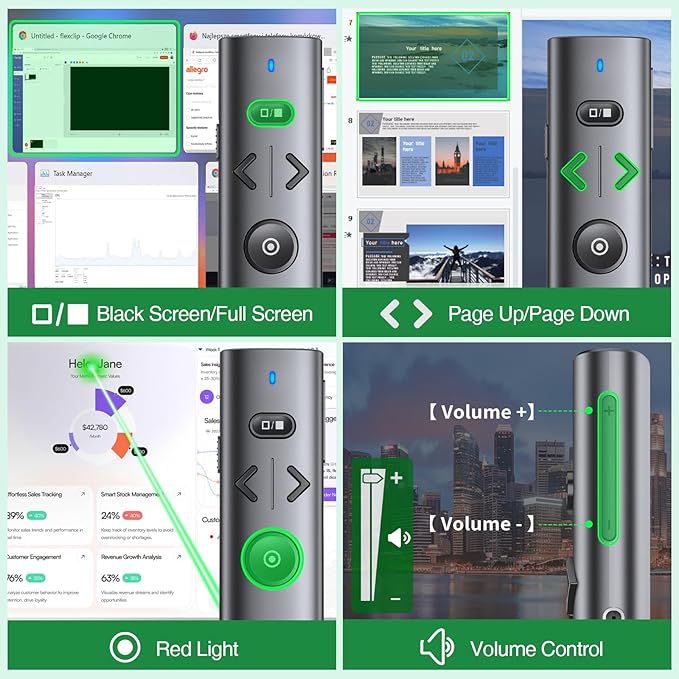 Wireless Presentation Clicker with Green Laser Pointer, Volume Control USB Type C Slide Presenter Remote for Keynote/PPT/Mac/PC/Laptop Office