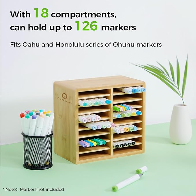 Ohuhu Bamboo Marker Organizer, Wooden Desktop Storage Holds 126 Markers | Markers Pens Pencils Art Brushes Stationary Organizer Pencil Holder with 18 Compartments for Classroom Office Decor Home