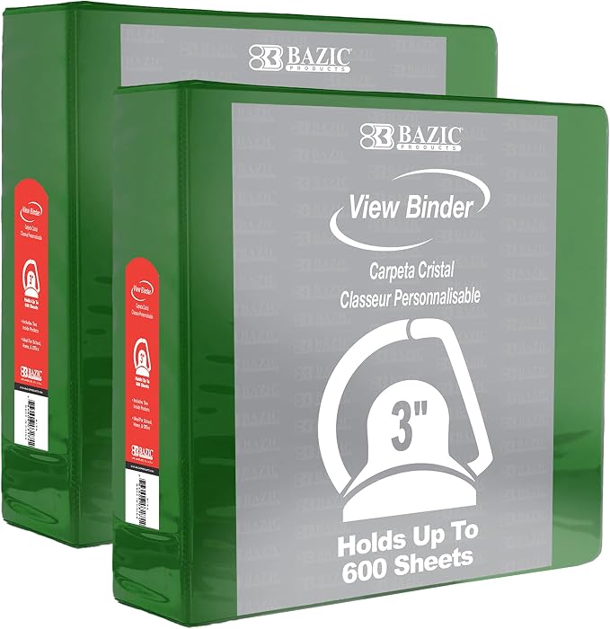 BAZIC Products 3" Green 3-Ring View Binder, Slant-D Ring, 2 Pockets, 2-Pack | 2 inside pockets, 3 in Green view 3-ring binder, slant-D rings, holds up to 600 sheets, Durable poly cover, 2 Pockets
