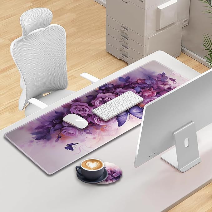 Extended Gaming Mouse Pad 31.5" x 11.8", with Edge Stitching, Non-Slip Rubber Base Keyboard Pad, Suitable for Work, Game, Office, Home and Coasters, Butterflies and Purple Roses