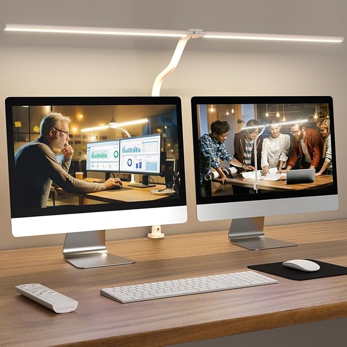 LED Desk Lamp - Bright Dimmable Computer Lamp, 24W Bendable Desk Light for Monitor Screen, Eye-Caring Tall Desktop Light for Task Home Office Work, White, Dual Head